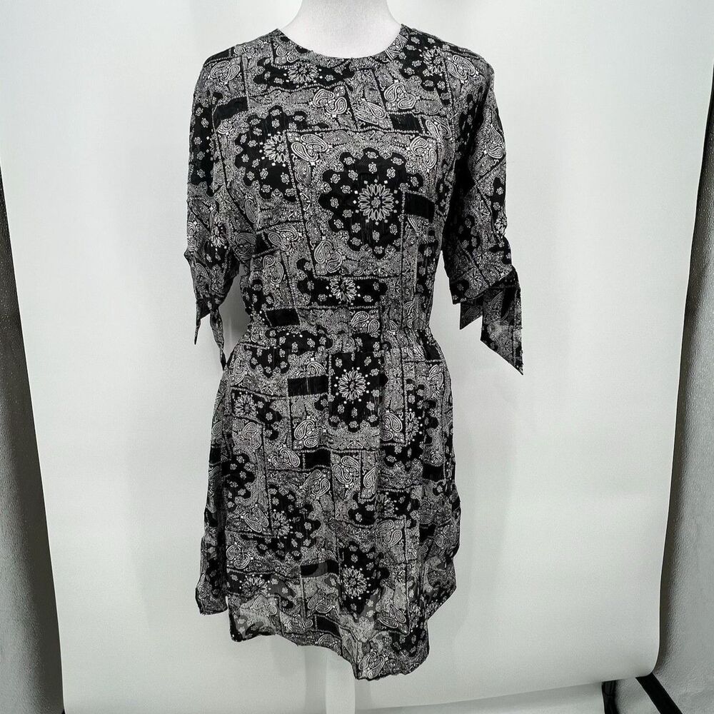 THE KOOPLES Short Bandana Print Mini Dress Black White Tie Sleeve Size S Pockets